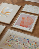 Colorful composition of posters on the floor